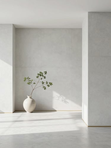 Minimalist modern office interior in Seoul with concrete walls, soft natural light, a single green branch in a ceramic vase, elegant and quiet atmosphere, wide shot
