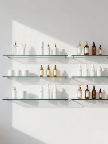 Minimalist high-end cosmetic showroom in Bogotá, clean white walls, glass shelves displaying premium Korean skincare bottles, soft natural light, sharp shadows, 85mm