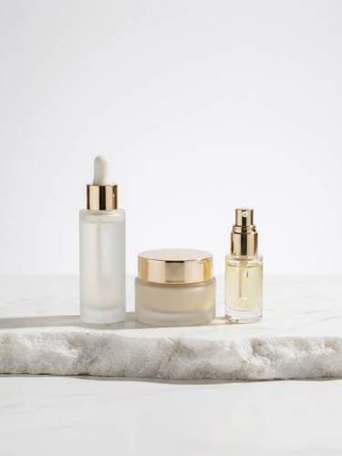 Minimalist high-end cosmetic bottles arranged elegantly on a white stone platform, soft high-key studio lighting, gold accents, sharp architectural shadows, 85mm