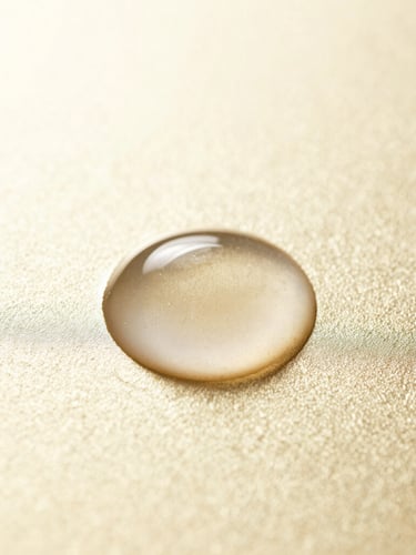 Macro shot of a luxurious translucent serum droplet resting on a textured golden surface, bright high-key lighting, sharp elegant shadows, 85mm