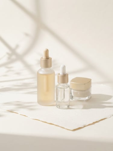 Minimalist premium cosmetic glass bottles with elegant architectural shadows on a warm off-white background, high-key studio lighting, 85mm