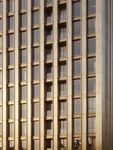 Portrait architectural render of Brigade Neopolis facade, emphasizing verticality and premium materials, sharp focus, golden hour light, high-end real estate render style.