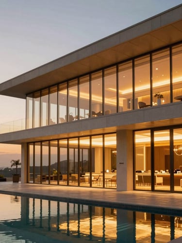 Premium architectural photography of a multi-level luxury clubhouse exterior at twilight, warm golden light spilling from floor-to-ceiling glass panels, reflecting on a calm infinity pool, minimalist lines.