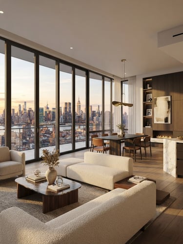 High-end architectural render of a luxury apartment interior with floor-to-ceiling windows, modern minimalist furniture, and panoramic city views, golden hour light, warm editorial tones, sharp focus.
