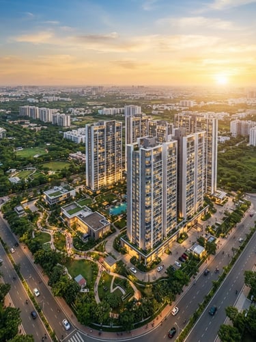 Aerial render of Brigade Neopolis high-rise towers at golden hour, overlooking a vibrant, green Kokapet, Hyderabad, with clear roads and infrastructure, expansive sky, low horizon.