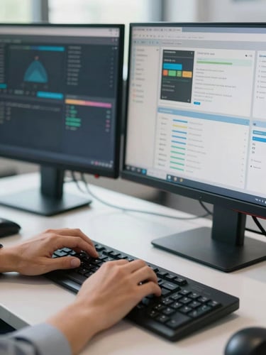Close-up of a professional support agent's hands on a keyboard at a workstation, dual monitors showing monitoring dashboards, bright north-facing daylight from the side, sharp focus on the equipment and interface, no faces visible