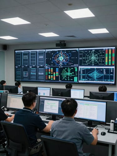 Wide-angle view of an operations center control room, multiple large monitoring screens displaying real-time server metrics and network graphs, two technicians seated at workstations in foreground, bright cool fluorescent overhead lighting, focus on the screens showing data dashboards, no posed expressions