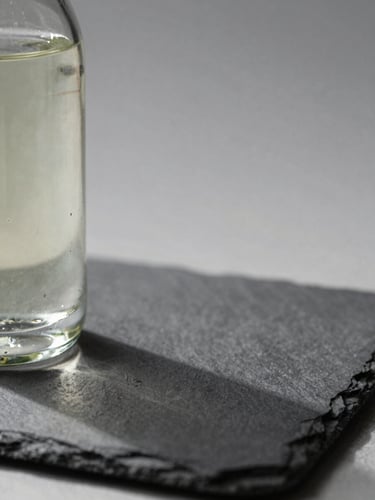Portrait-format extreme close-up of a single commercial product — a glass bottle — on a matte slate surface, north-facing daylight from the left, deep ink shadow on right, deliberate composition with empty negative space at top