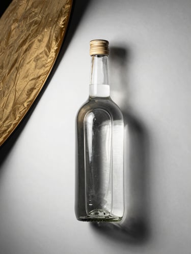 Overhead flat-lay of a product campaign shoot — a single glass bottle in precise centre, studio strobe casting hard shadows on a white surface, no props, no warmth, high contrast black and white with one brass reflector catching the edge
