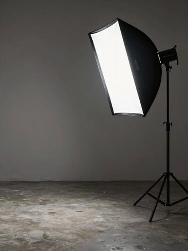 Tall vertical frame: empty photography studio, concrete floor, a single softbox casting hard geometric light on a bare wall, deep shadow on left third, high contrast, no subject, no people, shot from low angle looking across floor