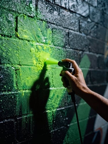 High-contrast editorial photography, a close-up of a street artist spraying neon green paint on a dark brick wall at night, sharp shadows, raw 35mm film grain.
