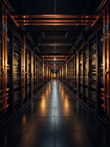 Symmetrical wide-angle shot of a pristine data centre server aisle, sharp technical highlights, golden-hour lighting reflecting off copper busbars, dramatic low-key obsidian background, 35mm