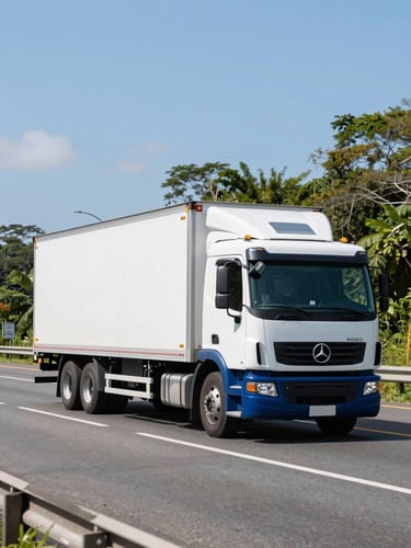 Wide environmental shot of a clean modern logistics truck driving on a bright day on a Costa Rican highway, deep blue accents, 35mm lens