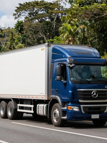 Wide shot of a clean modern logistics truck driving on a scenic highway in Costa Rica, bright daylight, sharp corporate photography, deep blue truck accents