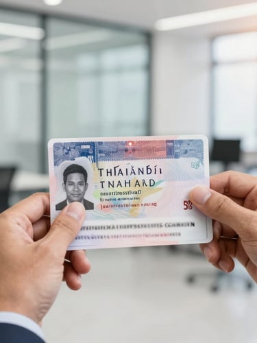 Medium-close shot of a professional hand holding a Thai visa document, with a blurred modern office background, bright natural daylight, clean corporate tones, sharp focus, 35mm lens