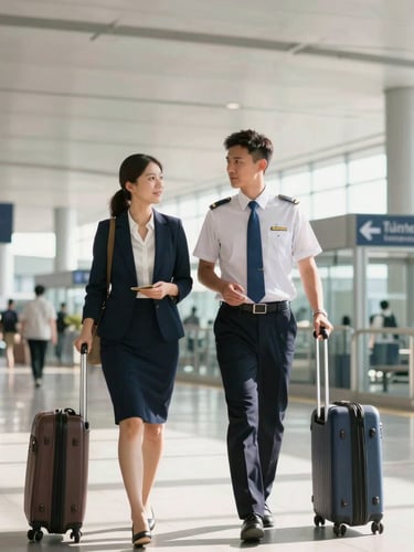 A professional airport representative in a sharp uniform guiding a business traveler through a clean, modern, sunlit Thai airport terminal, 35mm lens, bright natural daylight.