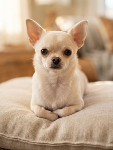 A close-up portrait of a gorgeous cream-colored Chihuahua puppy sitting elegantly on a soft linen cushion, natural warm side lighting, high-end editorial style.