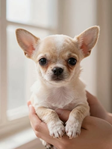 A close-up portrait of a tiny Chihuahua puppy cradled gently in warm, caring hands, soft natural window light, cream-toned background.
