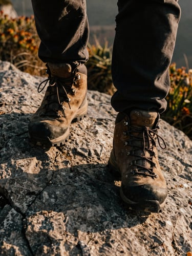 Low-angle shot of weathered hiking boots stepping firmly onto gray limestone rock, wild mountain flora in the background, dramatic shadows, warm earth tones.