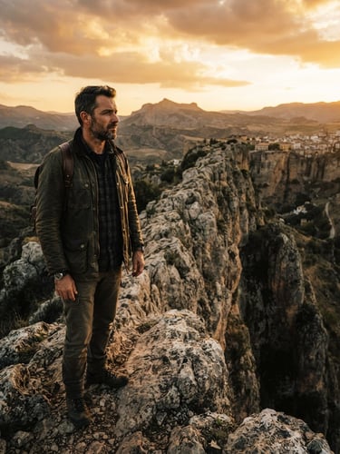 Close-up of a local guide standing on a steep limestone ridge in Ronda, looking out at the dramatic horizon during golden hour, 35mm film, earthy tones.