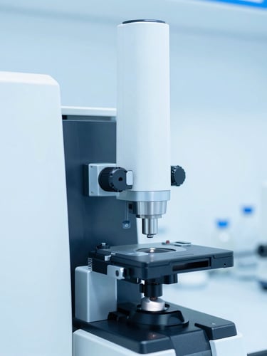 Clean sterile laboratory environment with automated precision manufacturing equipment, cool blue and white lighting, focus on a high-precision calibration instrument