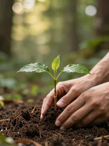 Close-up of hands gently planting a native sapling into rich dark soil, soft diffused natural light, forest background, shallow depth of field