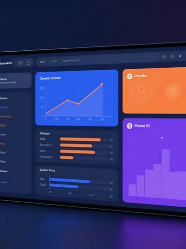 Vue macro d'un tableau de bord Power BI moderne sur un écran élégant, avec des graphiques de données en bleu, violet et orange, dans un environnement de bureau d'entreprise épuré, éclairage de studio frais avec des reflets subtils.