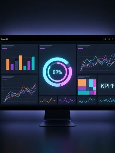 Visuel macro d'un tableau de bord Power BI moderne et épuré, affichant des graphiques clairs et des indicateurs de performance clés sur un écran de moniteur noir, avec un subtil reflet bleu-violet, lumière de studio.
