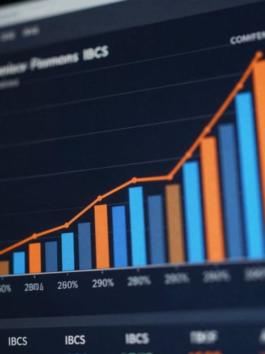 Macro shot of a high-resolution financial dashboard on a dark screen, showing clean IBCS-compliant bar charts with precise orange and blue variance indicators, dark slate background, professional tech aesthetic