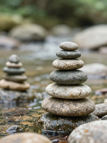 Close-up of smooth river stones stacked balanced in a quiet shallow stream, soft natural light