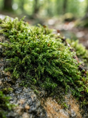 Macro close-up of vibrant green moss growing on a wet stone, soft dappled forest daylight, shallow depth of field