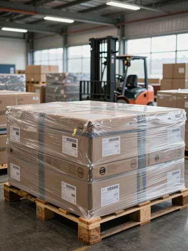 Close-up wide shot of a logistics warehouse interior, stacked wrapped furniture and labeled boxes on wooden pallets under overhead industrial lighting, a forklift visible in the background mid-aisle, daylight entering through high windows