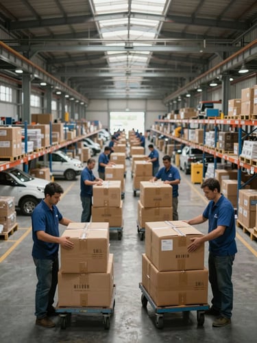Wide-angle view inside a large urban cargo sorting facility, workers actively loading parcels onto wheeled carts in the foreground, rows of shelving and vehicles stretching deep into the background, daylight streaming through industrial skylights, strong depth-of-field separation between foreground activity and the hazy facility depth