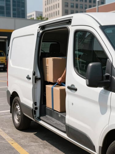 Close-up of a MiniKargo light commercial cargo van parked at an urban loading bay, driver's hands securing cargo straps on stacked parcels in the vehicle bed, concrete dock and city buildings visible in the background, midday daylight with sharp shadows, documentary framing