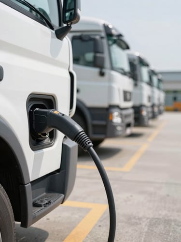 Close-up ground-level view of a heavy-duty EV truck being connected to a DC fast charger at a logistics depot, cable and connector in sharp focus in the foreground, fleet of identical vehicles blurred in the background, daylight, visible concrete apron