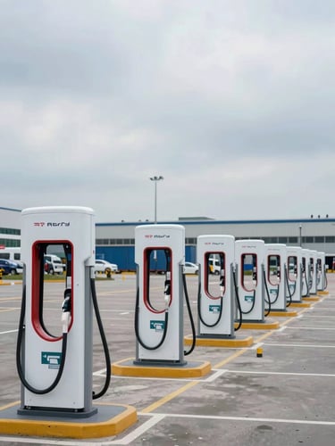 Wide daylight shot of a commercial EV charging station array, multiple chargers in a row receding into the background, a logistics yard visible in the far distance, strong depth-of-field separation, overcast industrial sky, no people, raw infrastructure in focus