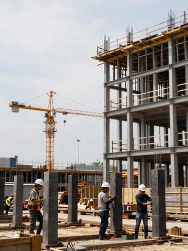 Wide daylight view of an active construction site, steel framework rising on the right third, workers in hard hats assembling structural columns in the foreground, deep depth-of-field separating them from cranes and scaffolding in the background, overcast bright sky, no staging