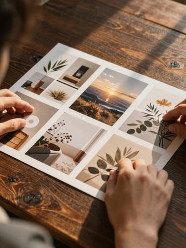 Over-the-shoulder shot of hands arranging physical mood boards on a textured dark wooden table, warm golden-hour light casting long shadows, organic textures.