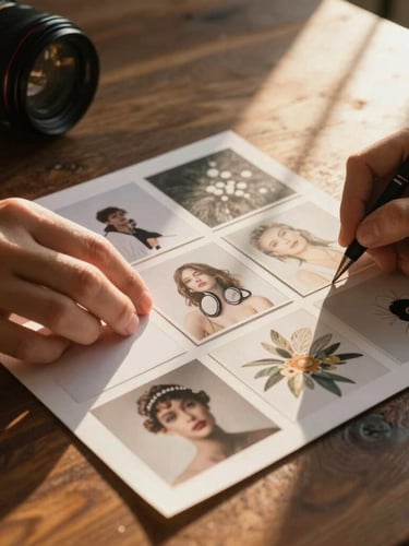 Moody close-up of hands arranging physical mood boards on dark wooden table, warm golden-hour light casting long shadows, camera lens visible in corner
