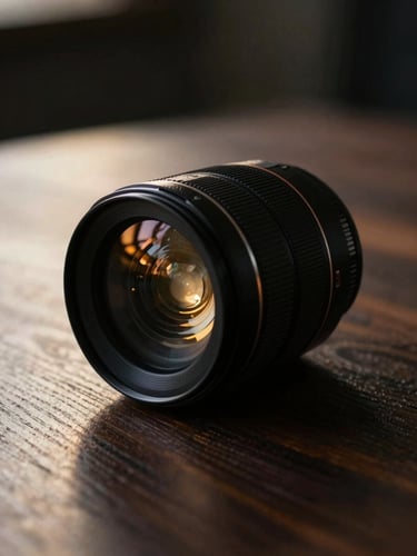 Low-key, moody close-up of a high-end camera lens resting on a dark wooden table, warm golden-hour light reflecting on the glass, deep shadows.