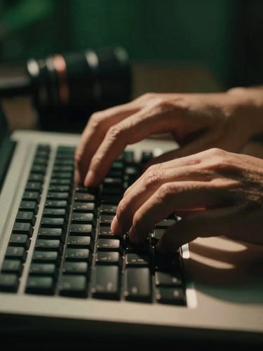 Close-up of hands typing on a vintage keyboard, warm side light, deep forest green shadows, low-key and moody atmosphere.
