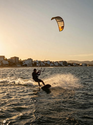 Cinematic wide-angle shot of a kitesurfer catching wind in Los Alcázares, dramatic golden hour light, water splashing, high contrast.