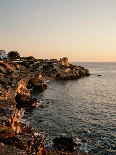 Cinematic wide-angle of Cartagena coast near Mar Menor, wild coves, historic ruins, warm sunset