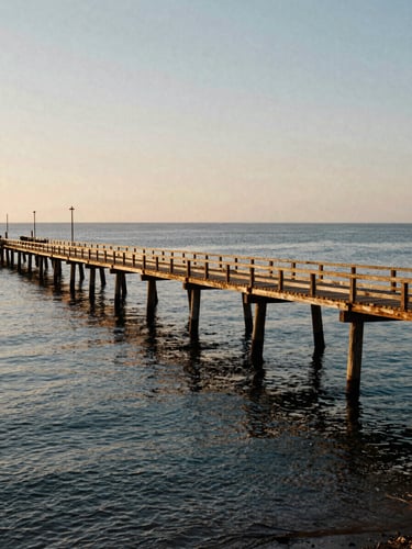 Cinematic shot of Santiago de la Ribera wooden piers, calm water, soft morning light