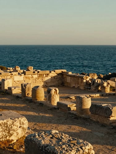 Cinematic portrait of ancient Roman stone ruins overlooking the deep blue Mediterranean sea, warm golden hour sun casting long shadows, highly detailed texture, editorial photography