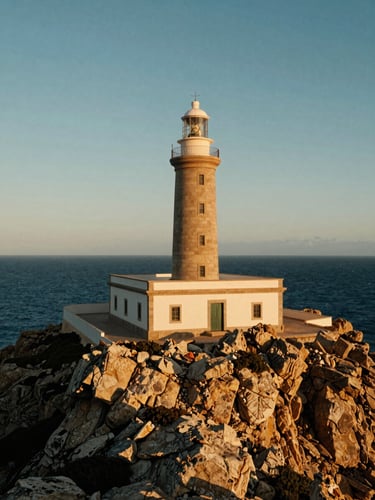 Cinematic portrait of Cabo de Palos lighthouse on rocky cliffs, deep ocean blue, golden hour