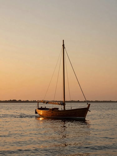Cinematic wide-angle shot of a traditional wooden sailboat gliding on the calm Mar Menor lagoon at golden hour, soft orange light reflecting on water