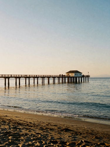 Cinematic wide-angle shot of San Javier beach, old wooden pier under golden hour light, calm water