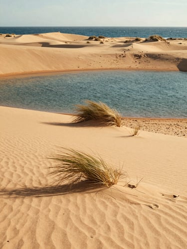 Cinematic portrait shot of pristine sand dunes in San Pedro del Pinatar, sea grass swaying in the wind, calm blue lagoon water on one side and open Mediterranean sea on the other, warm afternoon light.