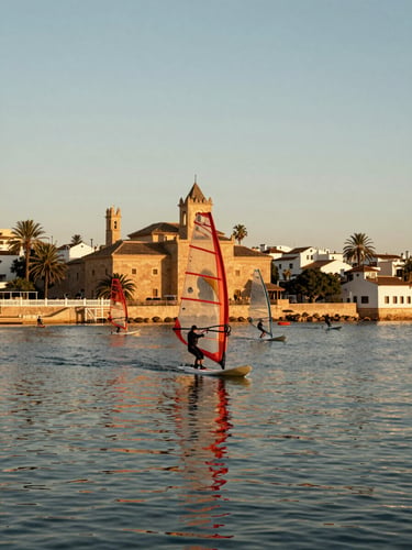 Cinematic shot of Los Alcázares historic spa balneario over calm water, windsurfers in distance